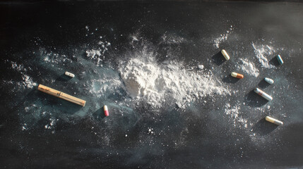 Powder and Pills on Black Surface – Concept of Drug Addiction or Substance Abuse
