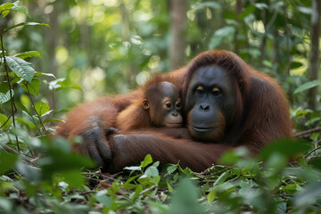 Fototapeta premium Orangutan mother embraces baby in forest thick reddish fur dark faces