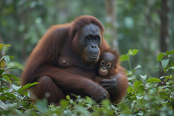 Orangutan mother cradles her infant among leaves in lush foliage