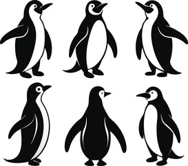 Naklejka premium A charming vector illustration of a set of cartoon penguins on a cold, snowy beach