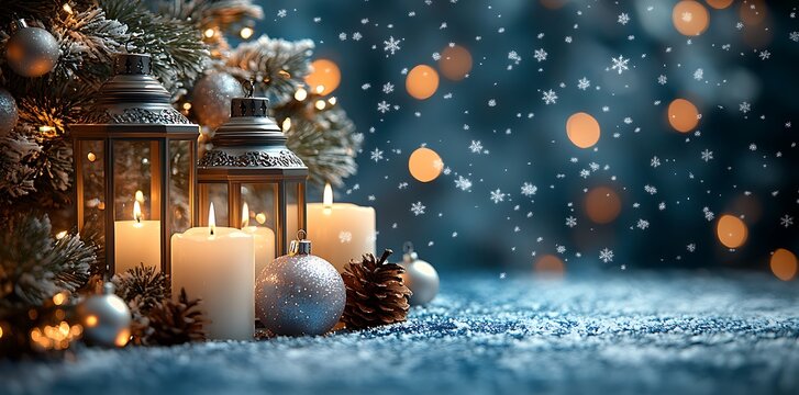 Festive lanterns with glowing candles and winter decorations Christmas holiday - Powered by Adobe