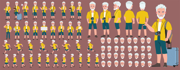 Traveler character model sheet, Character poses, expressions, Walk cycle, Run cycle animated character sequences.