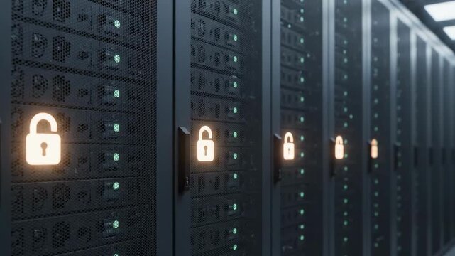 Secure Server Room: A row of secure servers, illuminated by soft glowing lock symbols, hints at data protection and digital security. The scene captures the essence of a secure digital infrastructure.