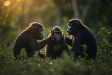 Three black monkeys sit together in a grassy area with light in the background