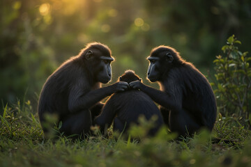 Three dark monkeys huddle in a grassy area two grooming the third bathed in warm sunlight