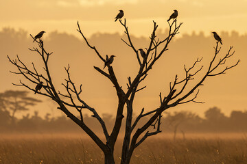 Silhouetted birds perch atop a bare tree against a warm hazy sunset