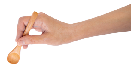 Close up image of female hand holding wooden spoon, perfect for promotional materials or food design projects. PNG