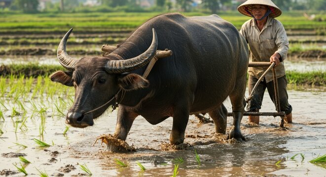 Water Buffalo Plowing Rice Field with Farmer in Vietnam