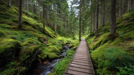 Obraz premium Wooden walkway through a lush mossy forest.