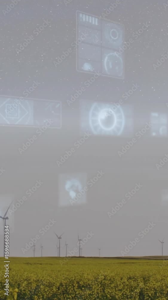 Poster wind turbines in field with futuristic data processing animation over landscape