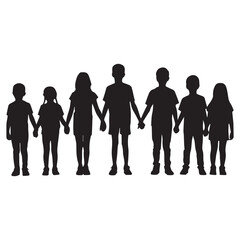 Diverse group of children standing together holding hands in a line showcasing unity and friendship against a white background