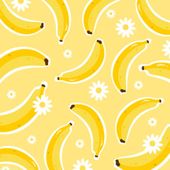Cute banana seamless pattern with white outline and flower decoration. Banana decoration. Can be used for wallpaper, paper wrapping, print, kid room and fashion fabric