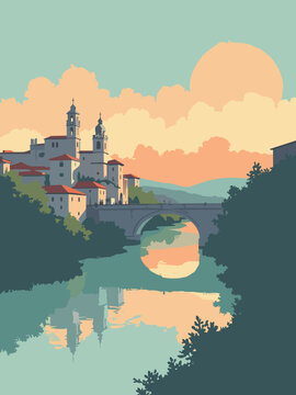 Scafati, Italy &ndash; Sarno river flows past centuries‑old cathedral in river green, alabaster white, steel gray, and sunset orange