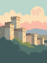 Fototapeta premium Viterbo, Italy – Papal Palace medieval walls in sandstone beige, moss green, slate gray, and sunrise pink