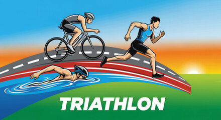 Triathlon cartoon illustration poster with a stylized swimmer, biker, and runner and the text word.
