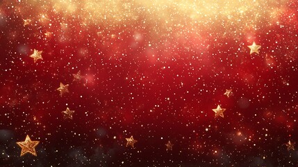 Golden stars on red sparkling background sparkle glitter
