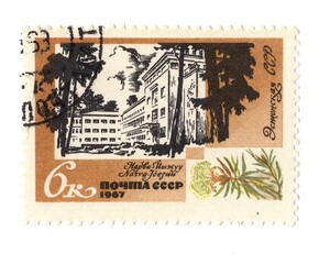 A vintage postage stamp from Russia isolated on a white background.