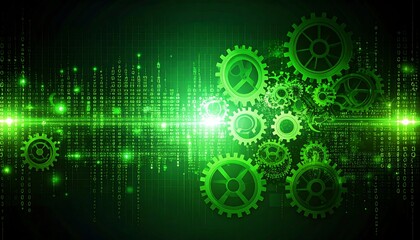 Obraz premium Green gears on a digital matrix
