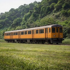 Obraz premium Photo of a yellow passenger train traveling through a green grassy field