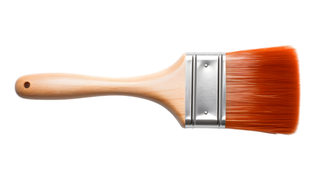 Paintbrush on White: A detailed, studio shot captures a brand new paintbrush with its wooden handle and bristles ready for use, perfect for projects.