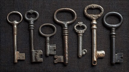 Collection of vintage keys on dark textured fabric background