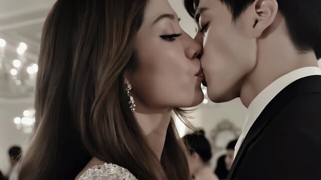 Elegant Chinese couple kisses during upscale social gathering