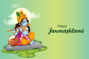 Little Kanha playing bansuri (flute) on Krishna Janmashtami festival background of India