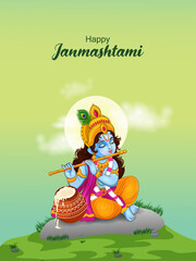 Little Kanha playing bansuri (flute) on Krishna Janmashtami festival background of India