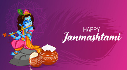 Little Kanha playing bansuri (flute) on Krishna Janmashtami festival background of India