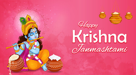 Little Kanha playing bansuri (flute) on Krishna Janmashtami festival background of India