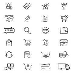 Collection of e commerce icons including shopping cart, sale tag, payment, and delivery in outline style