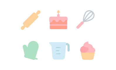 Colorful baking icons set featuring cake, cupcake, and kitchen tools in flat style