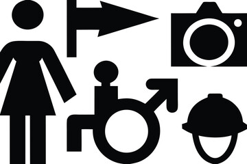 Set of black and white silhouettes of people camera and directional arrow awesome icons icon 128 png