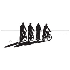 Four silhouetted figures ride bicycles in a line casting long shadows on a bright white background
