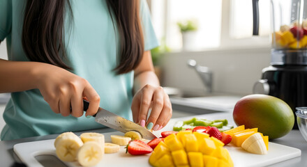 Asian Teen Preparing Fresh Fruit Smoothie