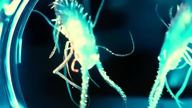 Illuminated Brine Shrimp: Close-Up View of Aquatic Creatures in Spherical Habitat