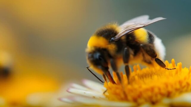 A bumblebee with translucent wings and yellow and black furry body sits on a yellow flower, its legs and proboscis interacting with the petals.