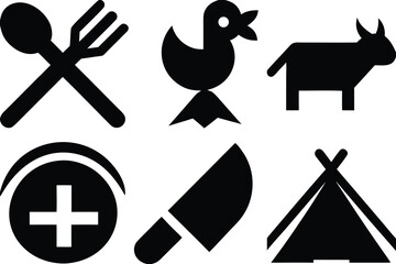 Set of isolated black and white icons featuring food cutlery duck goat medical cross knife and tent silhouettes