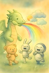 Naklejka premium Weather-Changing Robot Dragon Blowing Rainbow Wind Creating Sunshine, Rain, and Snow for Robot Animals – Fantasy Kids Art