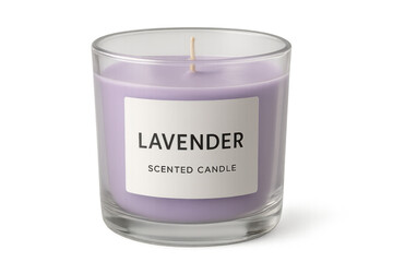 Softly glowing lavender candle in clear glass, radiating calm through gentle fragrance and minimalist aesthetic