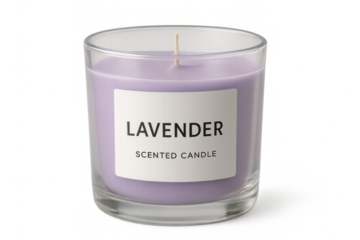 Softly glowing lavender candle in clear glass, radiating calm through gentle fragrance and minimalist aesthetic