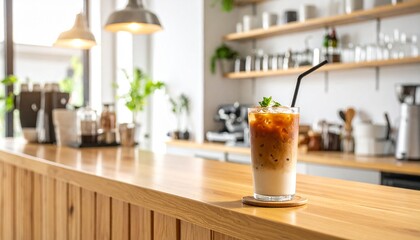 Single glass of iced coffee on a wooden bar in a bright cafe, symbolizing refreshing and modern beverage.