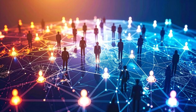 Digital illustration of a global network with glowing people silhouettes, symbolizing strong connections and community.