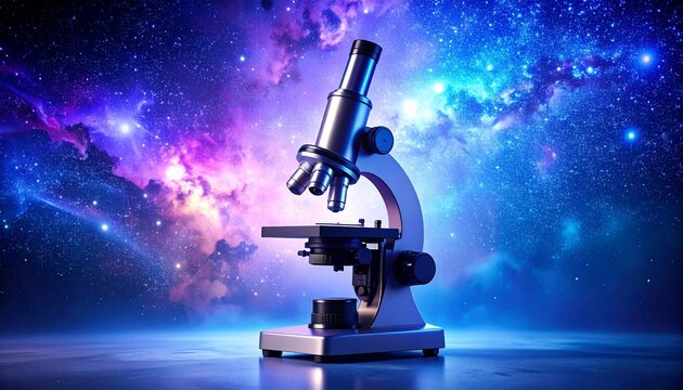 Modern microscope in a blue and purple setting with a starry galaxy background, symbolizing cosmic exploration and discovery. - Powered by Adobe