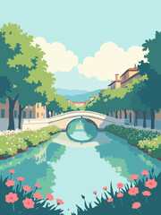 Rovigo, Italy – Papadopoli canal in emerald green foliage, canal blue water, white stone bridges, pink petals, and pale blue sky