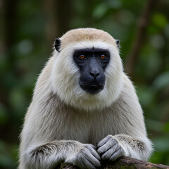 Obraz premium A captivating close-up portrait of a Patas Monkey (Erythrocebus patas), showcasing its distinctive white-crowned fur, dark face, and strikingly bright orange eyes
