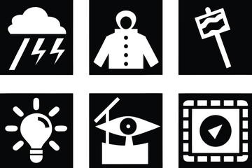 Storm rain person coat wavy sign light bulb eye compass film set of silhouettes