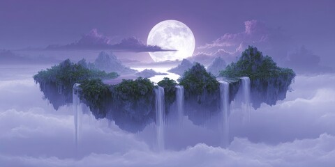 Surreal floating island above glowing clouds