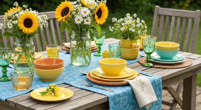 Outdoor table setting with sunflowers daisies and colorful dishes - Powered by Adobe