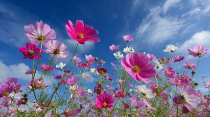 pink flowers against blue sky